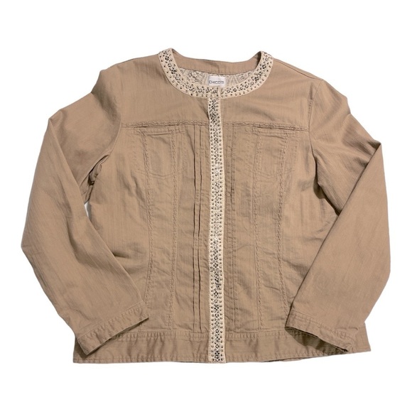 CHICO’S  Jacket Khaki with stitching details and Embellished Snap Front Size 2 - Picture 3 of 13